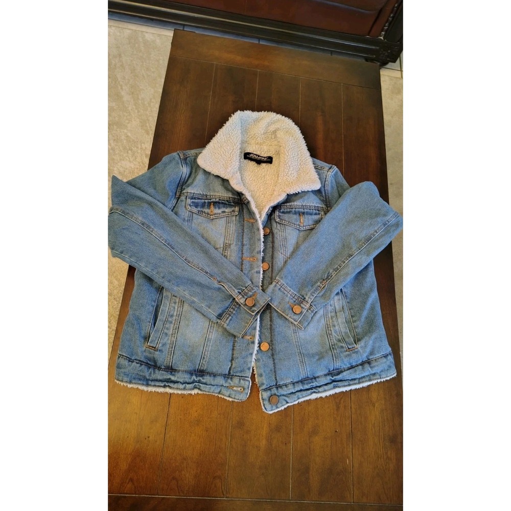 Joujou Premium Denim Sherpa Lined Jacket Blue Womens Large Trucker Coat L